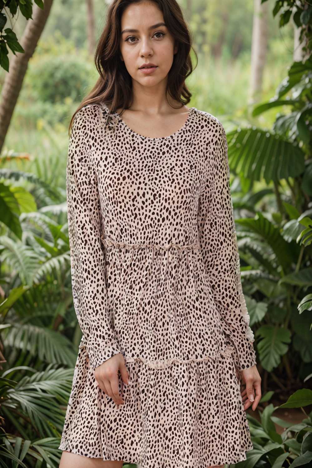 loose leopard print v neck dress drop shoulder a line closed cape paneled 115515
