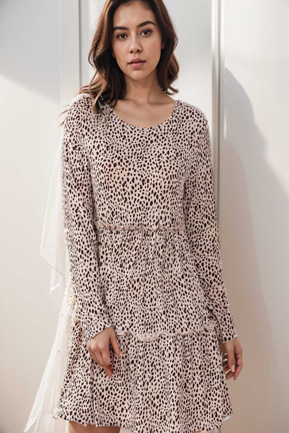 loose leopard print v neck dress drop shoulder a line closed cape paneled 127448