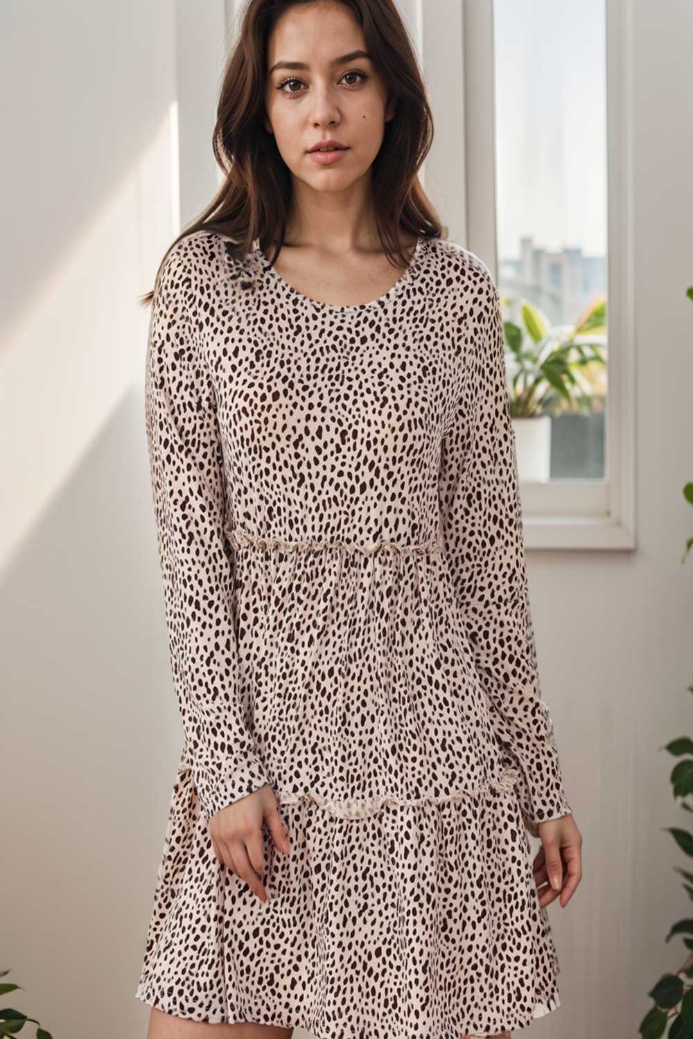 loose leopard print v neck dress drop shoulder a line closed cape paneled 115180