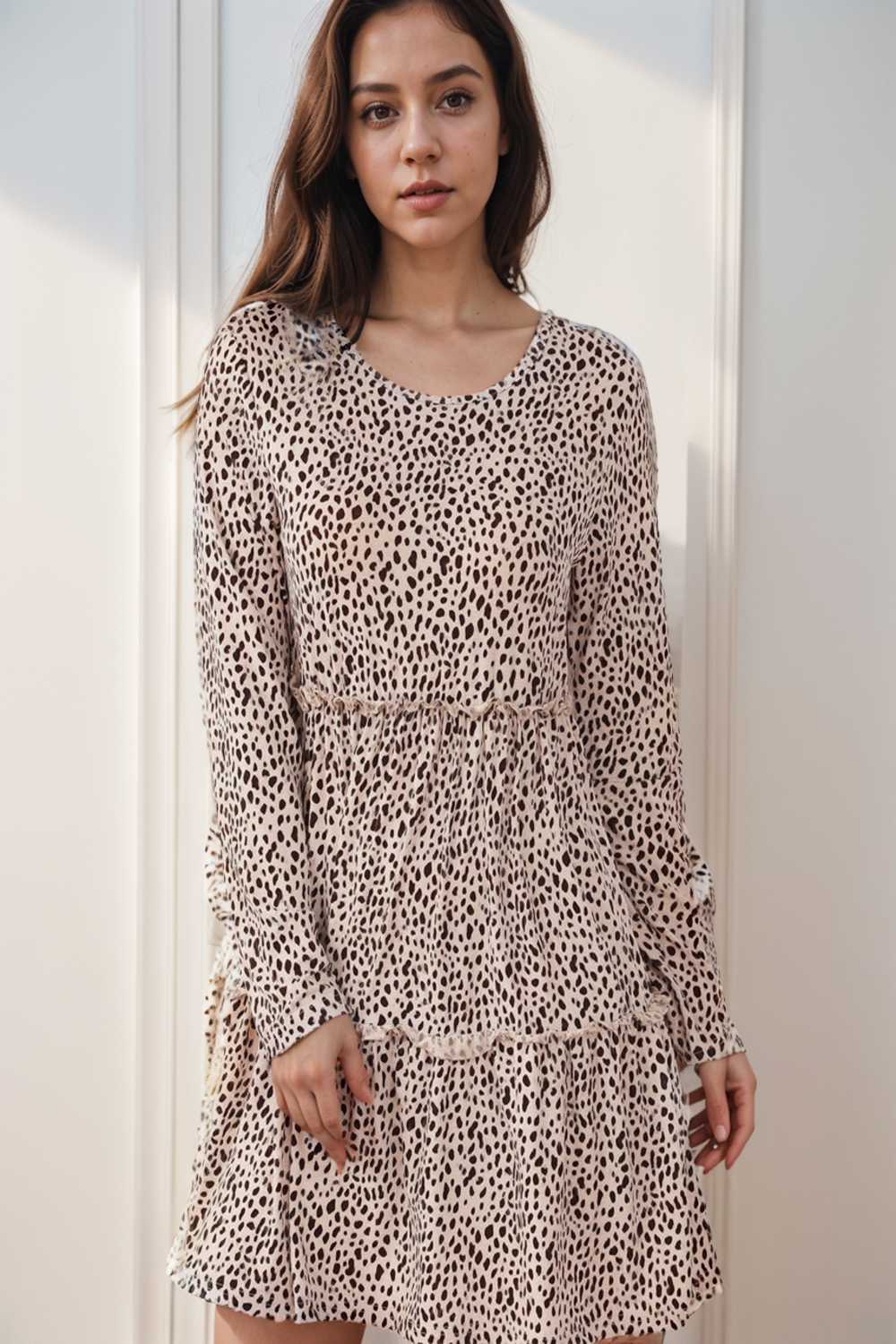 loose leopard print v neck dress drop shoulder a line closed cape paneled 111904