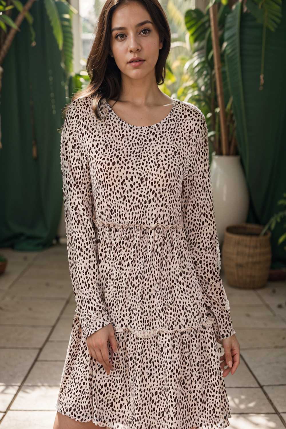 loose leopard print v neck dress drop shoulder a line closed cape paneled 111903
