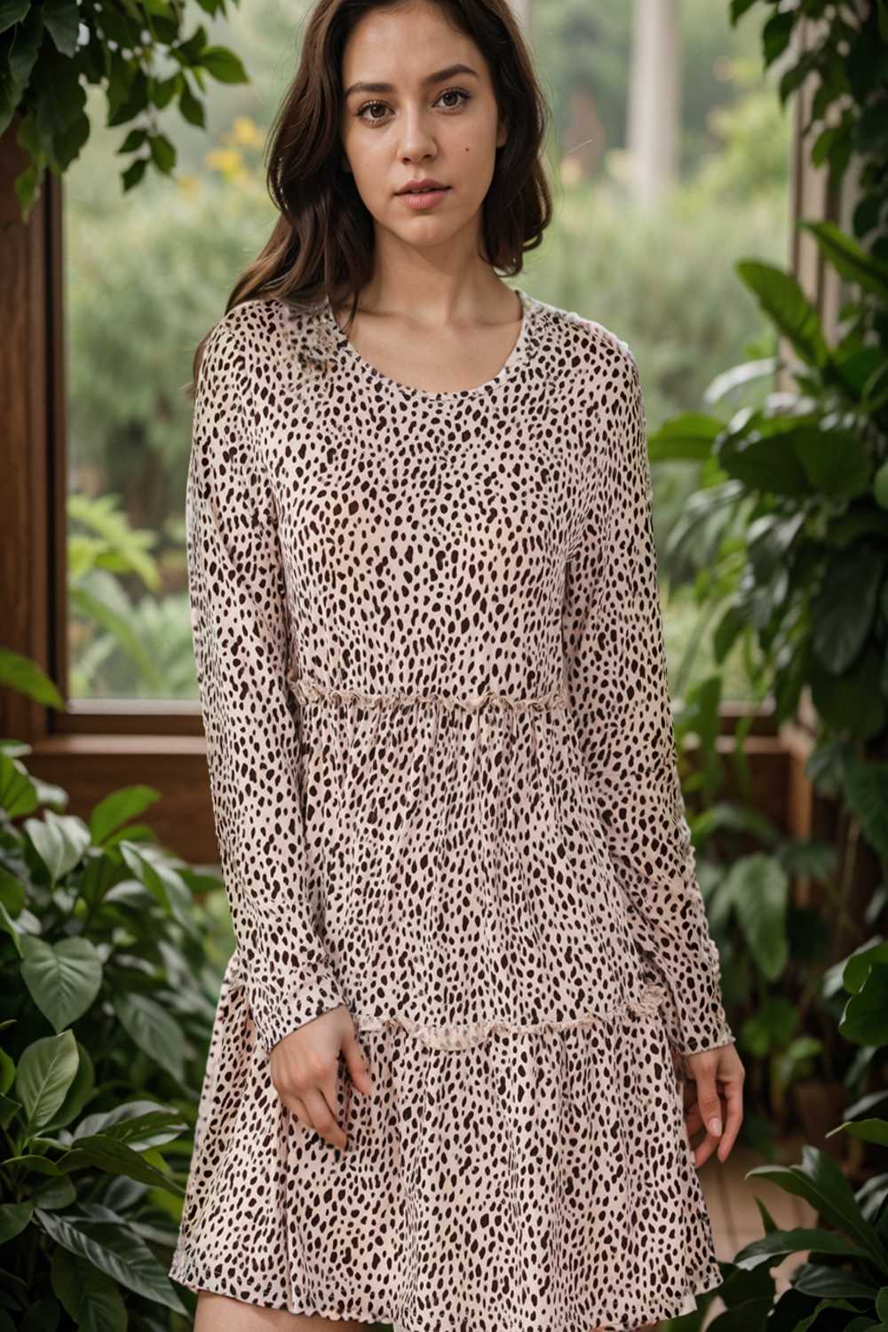 loose leopard print v neck dress drop shoulder a line closed cape paneled 115514