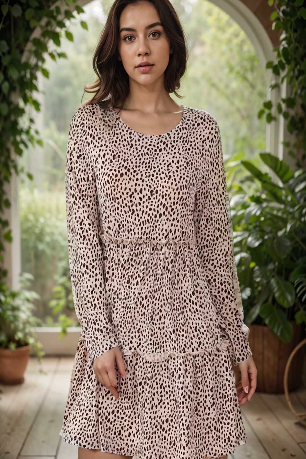loose leopard print v neck dress drop shoulder a line closed cape paneled 127447
