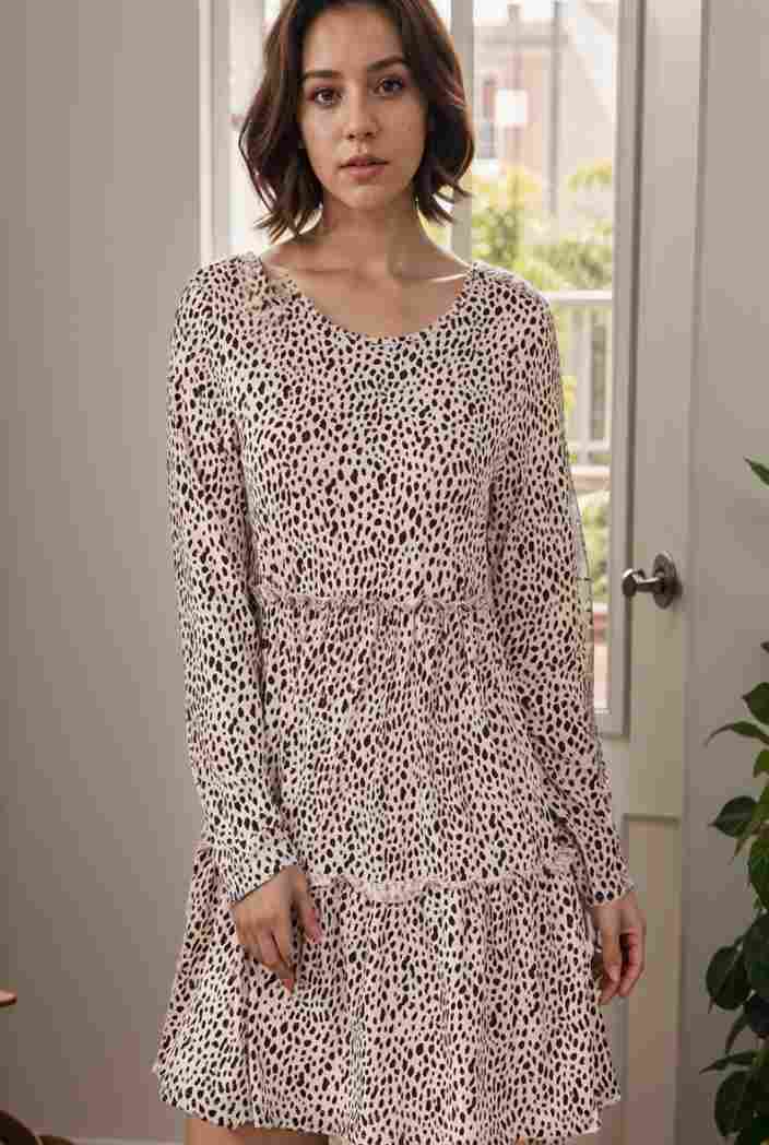 loose leopard print v neck dress drop shoulder a line closed cape paneled 118802