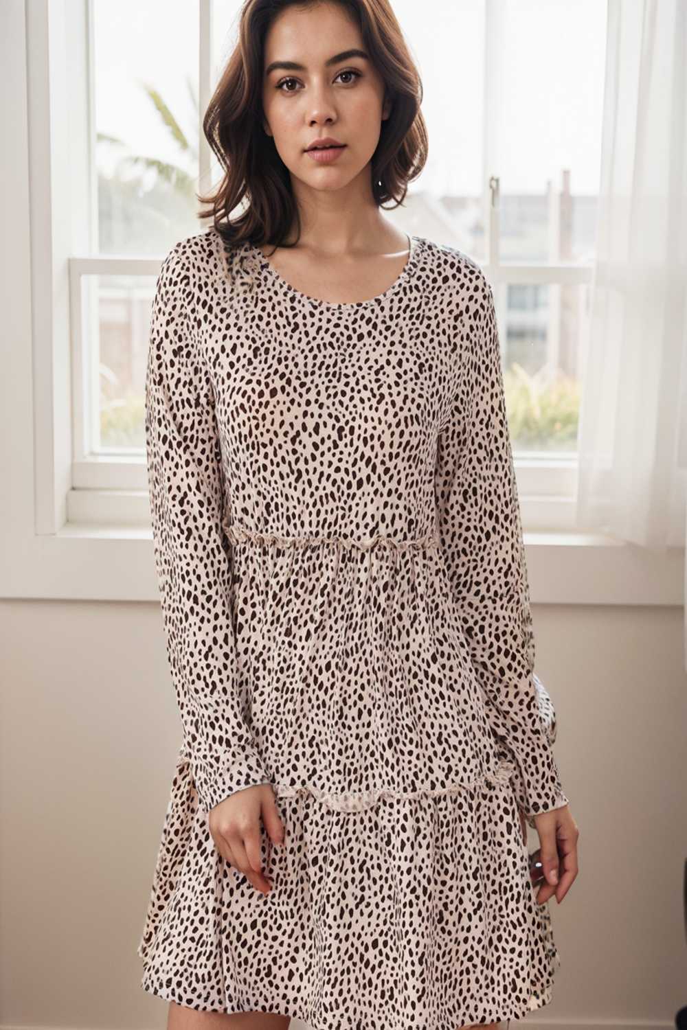 loose leopard print v neck dress drop shoulder a line closed cape paneled 127112