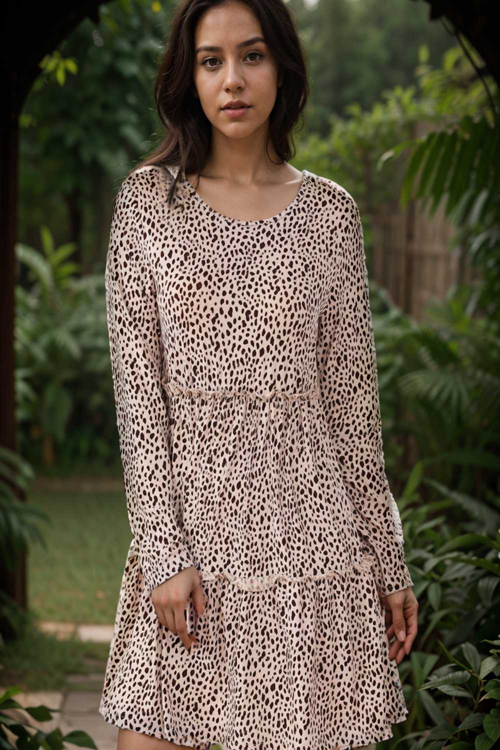 loose leopard print v neck dress drop shoulder a line closed cape paneled 115179