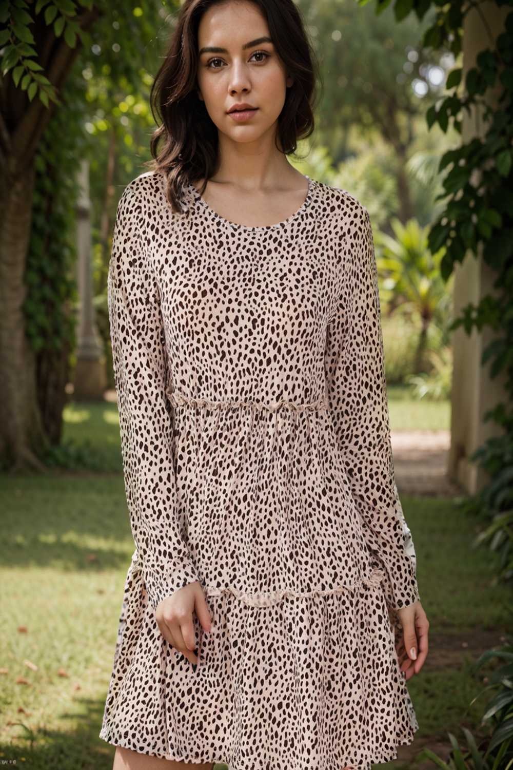 loose leopard print v neck dress drop shoulder a line closed cape paneled 127526