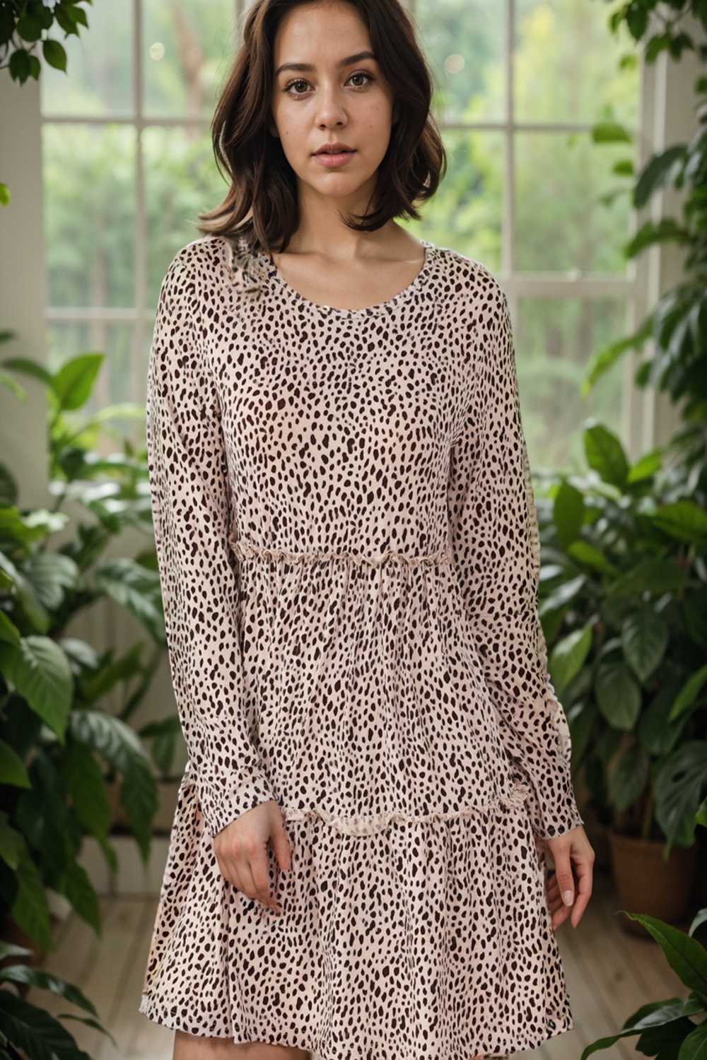 loose leopard print v neck dress drop shoulder a line closed cape paneled 115178