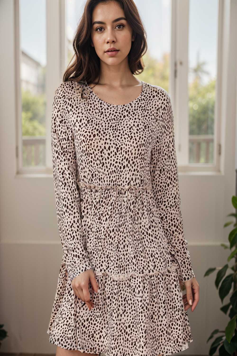 loose leopard print v neck dress drop shoulder a line closed cape paneled 127525