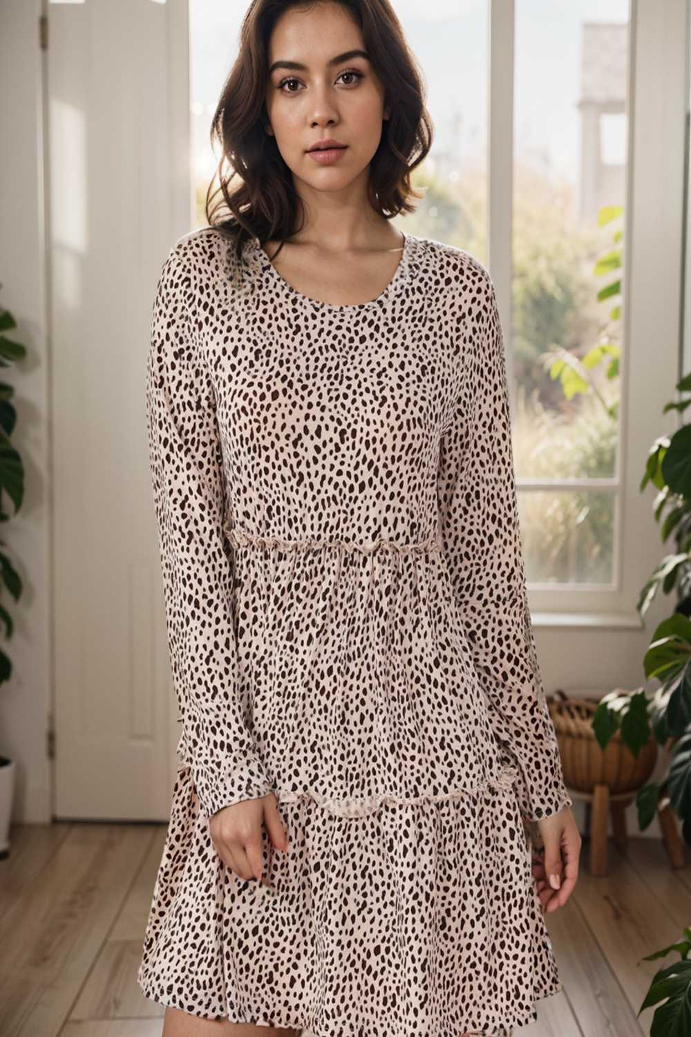 loose leopard print v neck dress drop shoulder a line closed cape paneled 127111