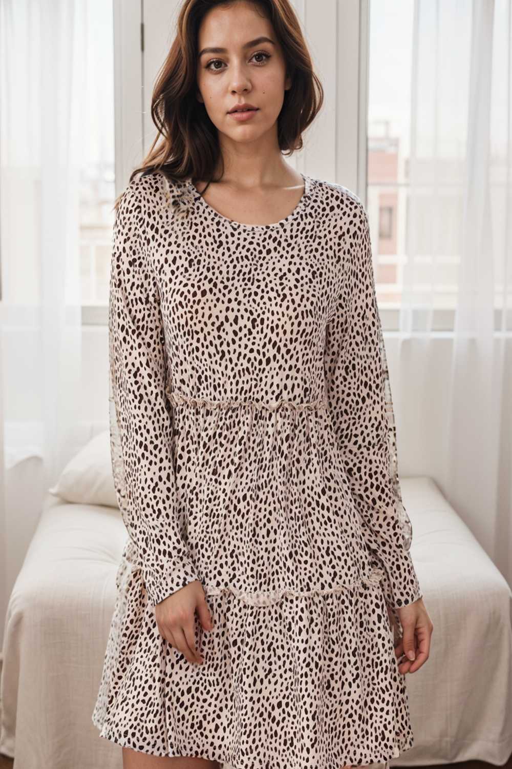 loose leopard print v neck dress drop shoulder a line closed cape paneled 111902