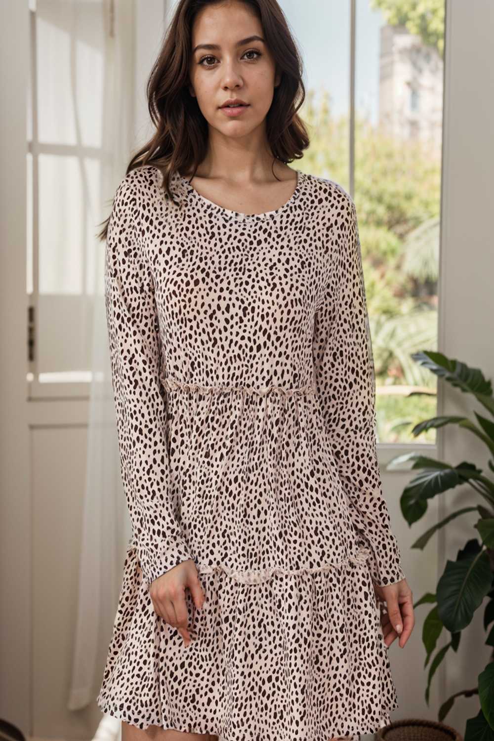 loose leopard print v neck dress drop shoulder a line closed cape paneled 115513