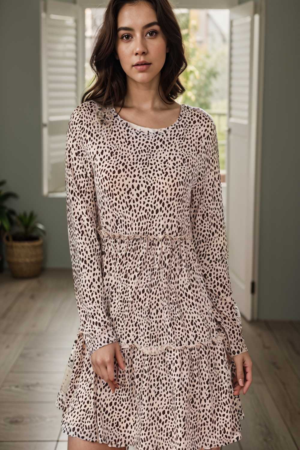 loose leopard print v neck dress drop shoulder a line closed cape paneled 127445