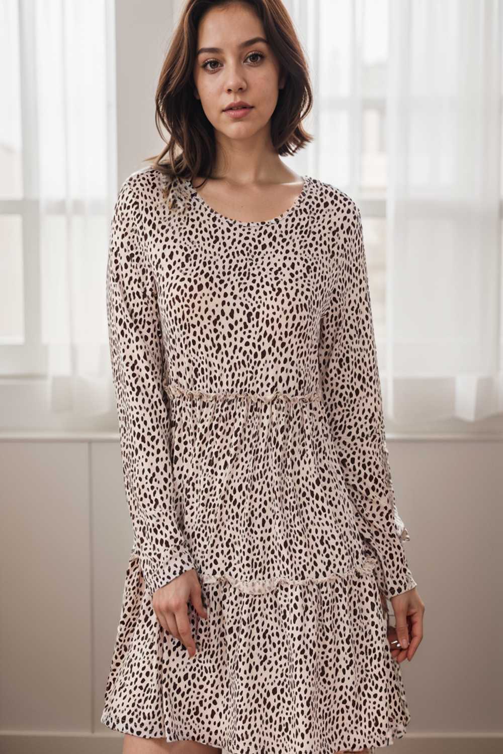 loose leopard print v neck dress drop shoulder a line closed cape paneled 115177