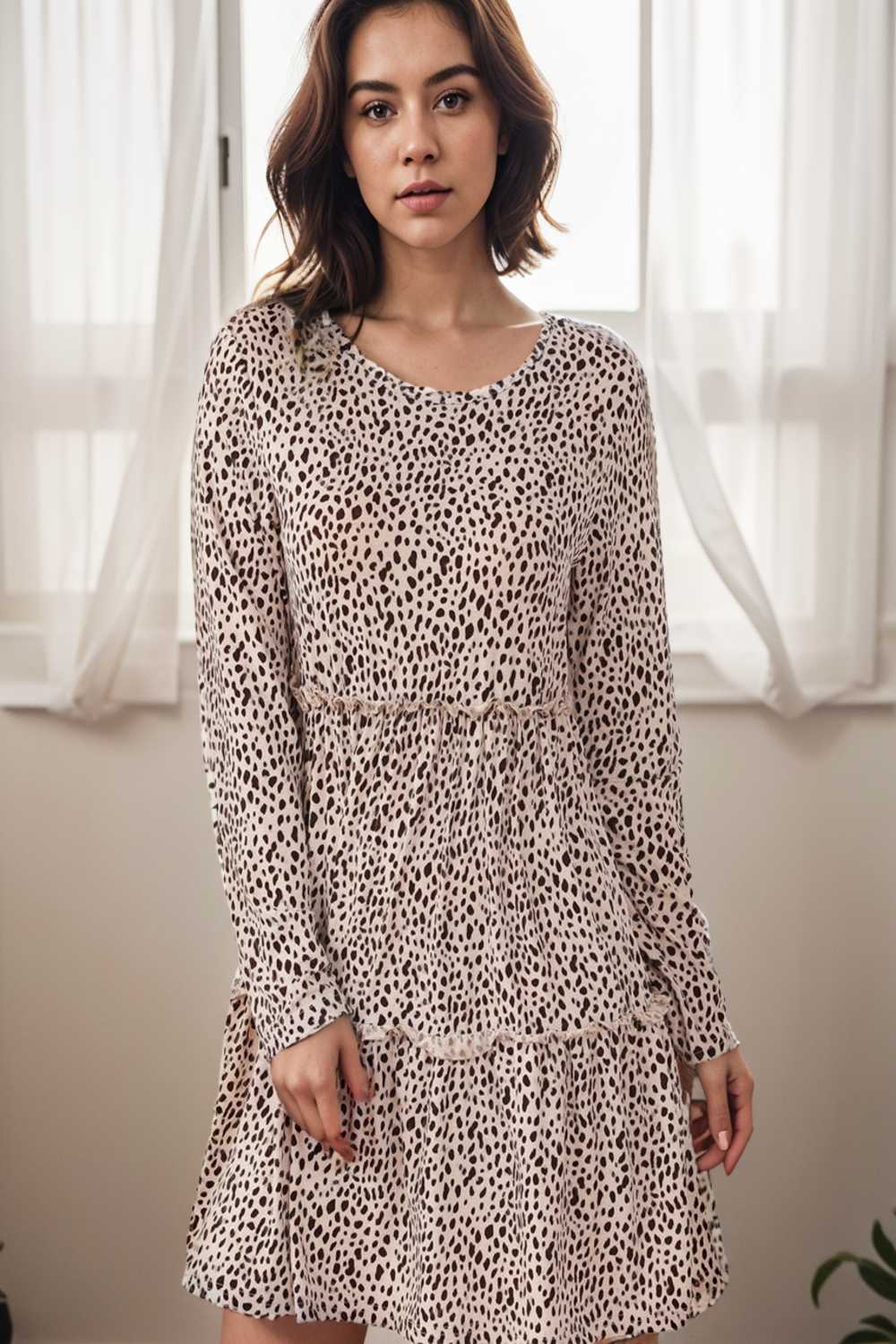 loose leopard print v neck dress drop shoulder a line closed cape paneled 127110