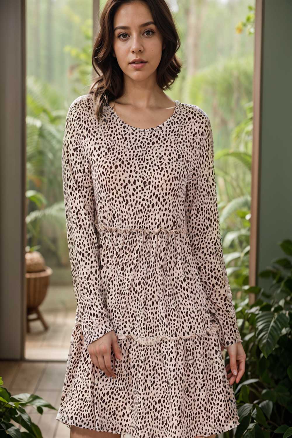 loose leopard print v neck dress drop shoulder a line closed cape paneled 115512