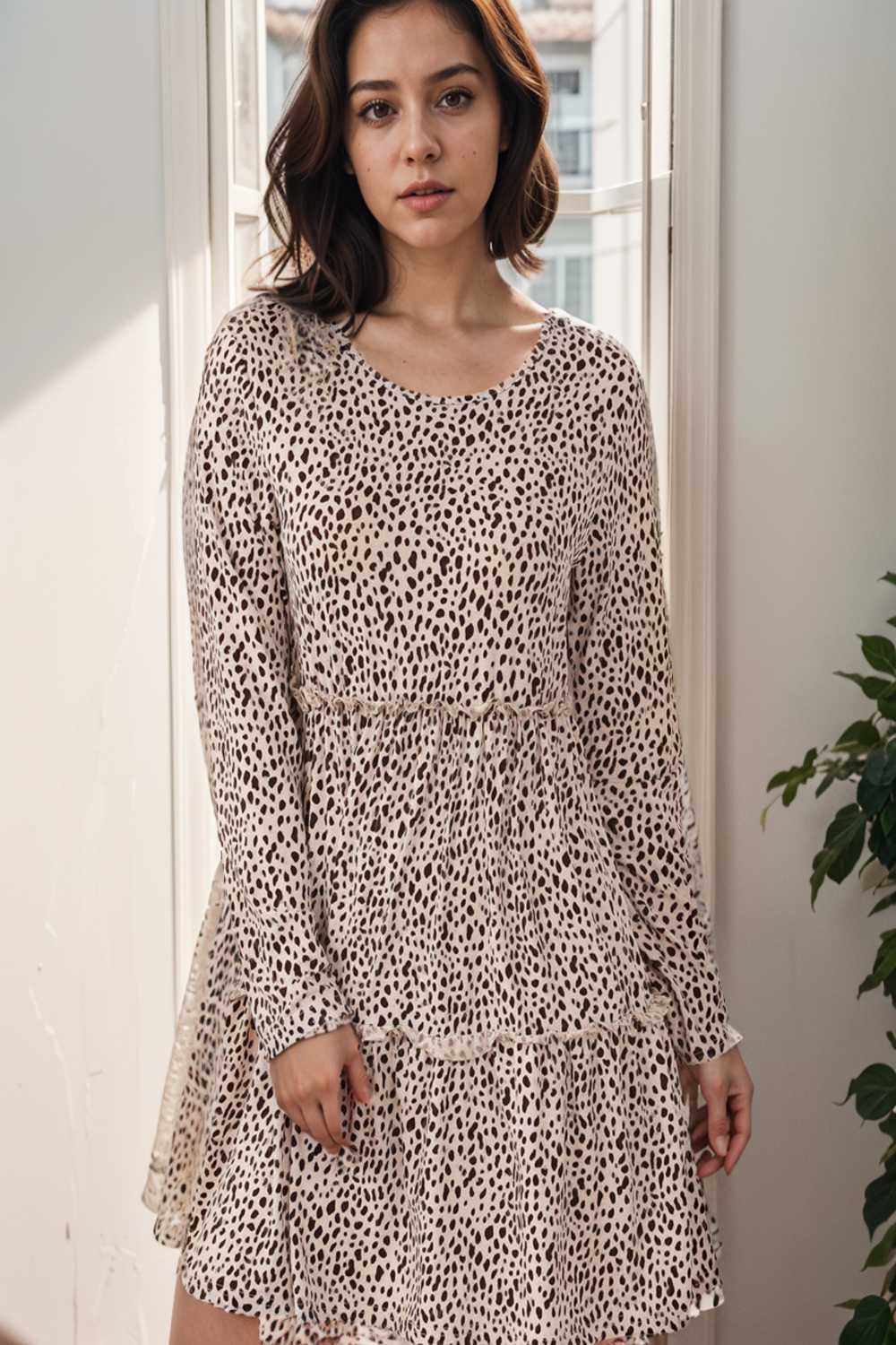 loose leopard print v neck dress drop shoulder a line closed cape paneled 111901