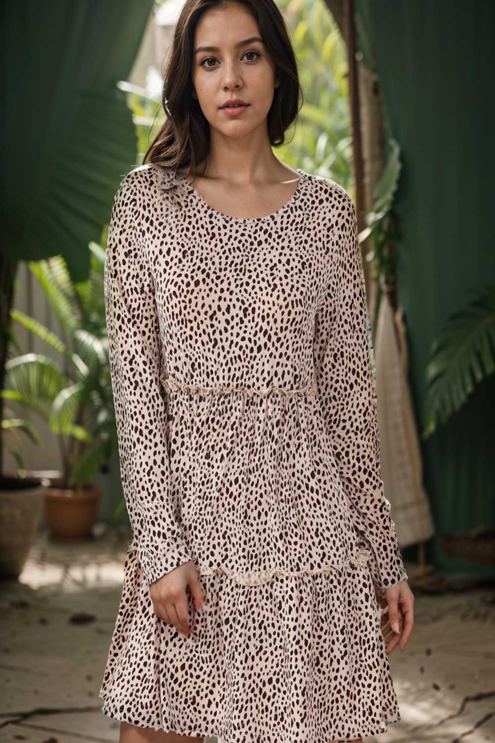 loose leopard print v neck dress drop shoulder a line closed cape paneled 115176