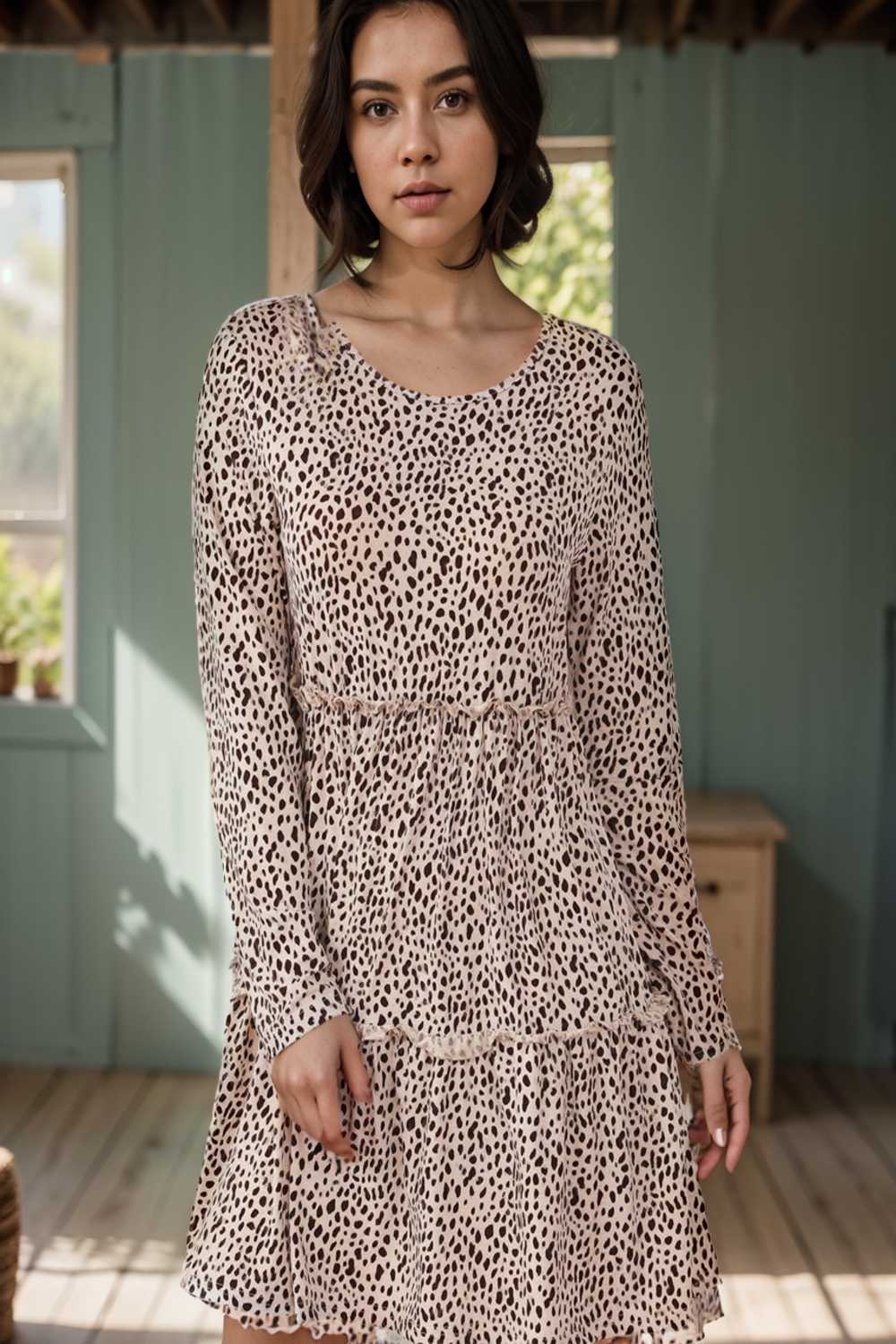loose leopard print v neck dress drop shoulder a line closed cape paneled 127444