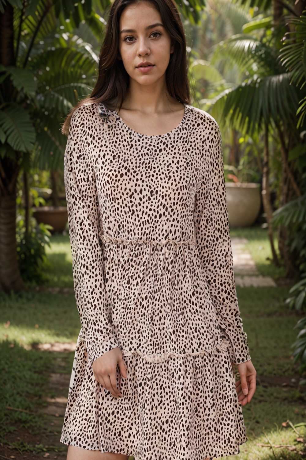 loose leopard print v neck dress drop shoulder a line closed cape paneled 115511