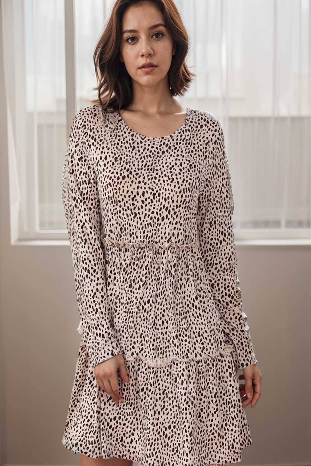 loose leopard print v neck dress drop shoulder a line closed cape paneled 111900