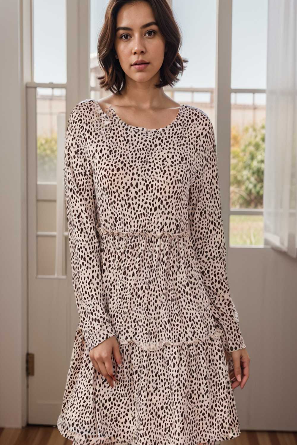 loose leopard print v neck dress drop shoulder a line closed cape paneled 127109
