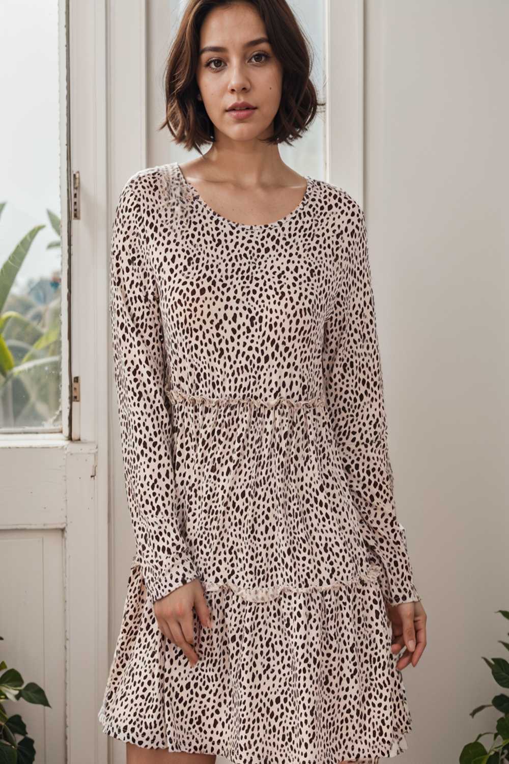 loose leopard print v neck dress drop shoulder a line closed cape paneled 115175