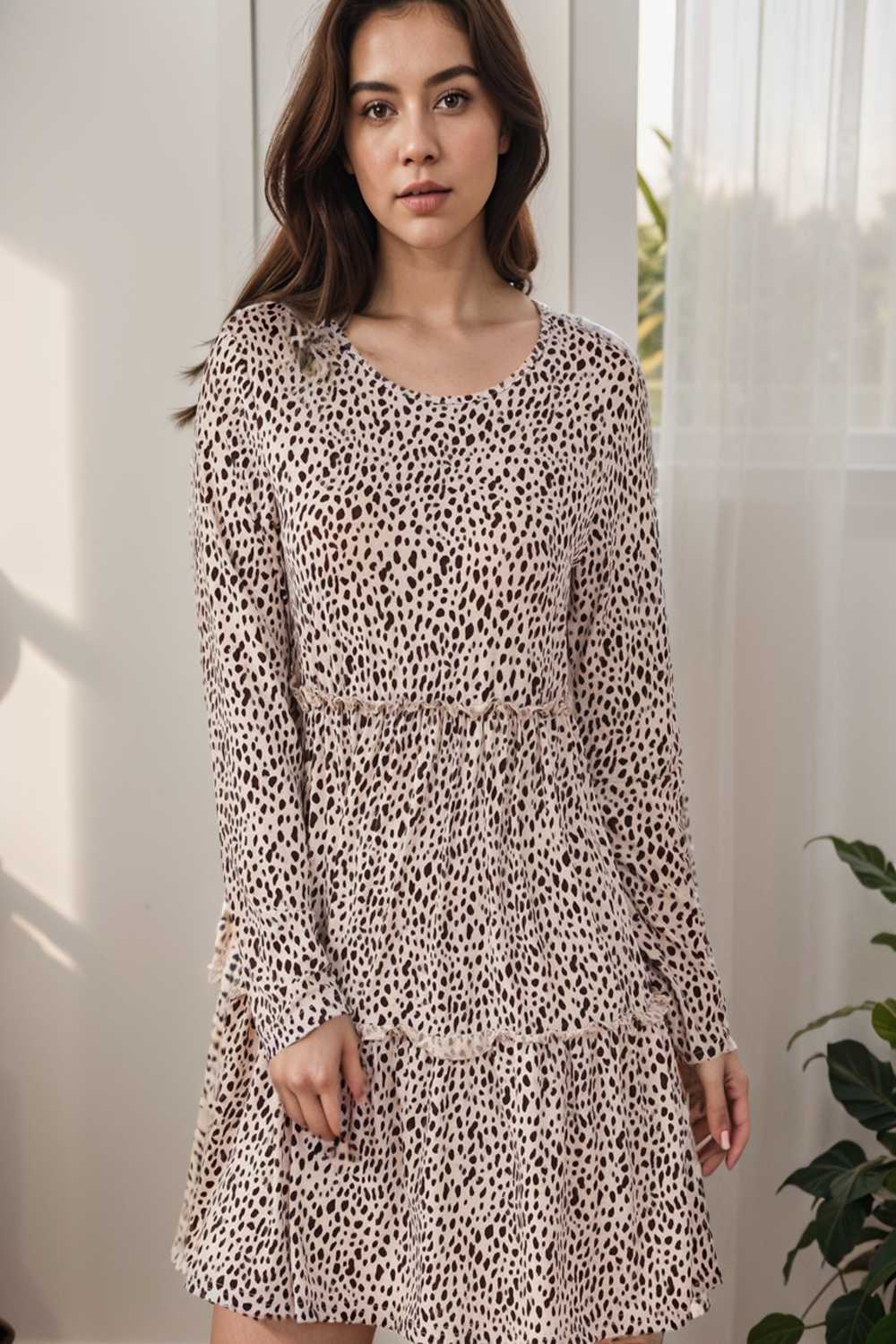 loose leopard print v neck dress drop shoulder a line closed cape paneled 127443