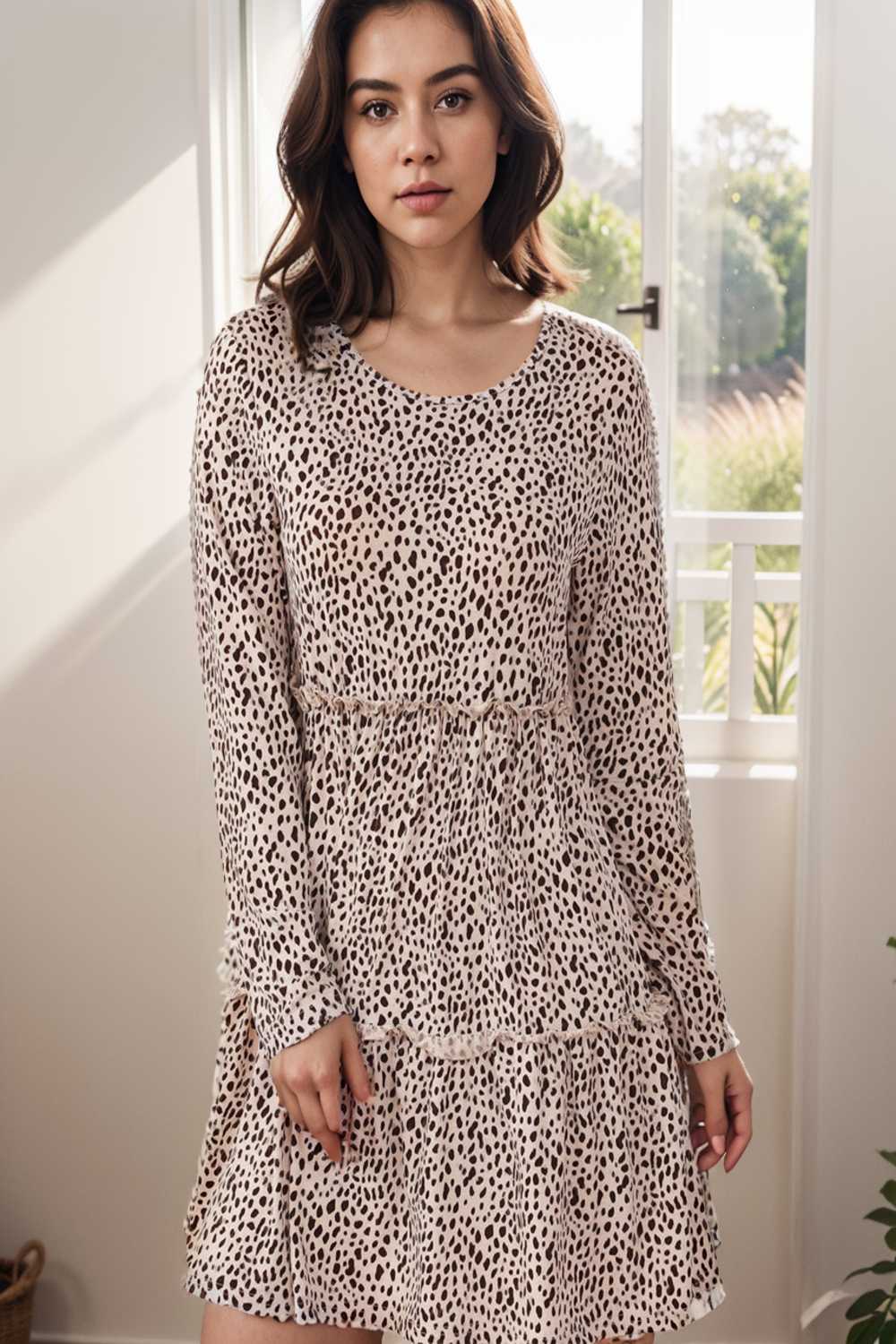 loose leopard print v neck dress drop shoulder a line closed cape paneled 127108