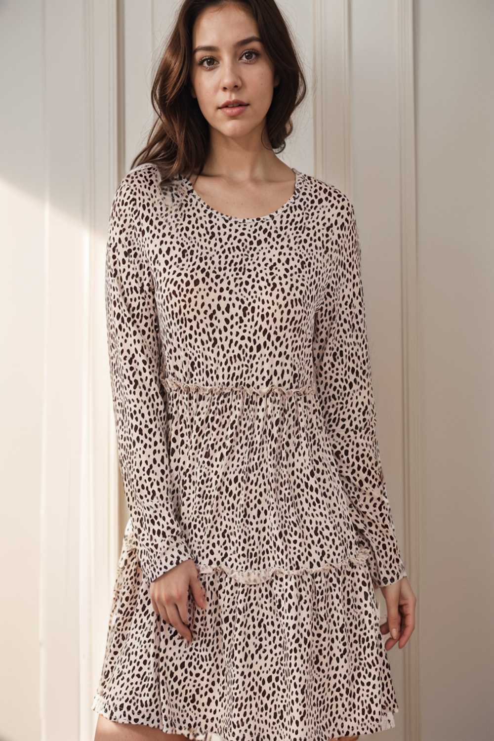 loose leopard print v neck dress drop shoulder a line closed cape paneled 111899