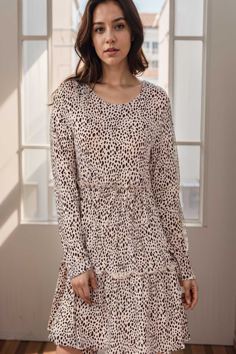 loose leopard print v neck dress drop shoulder a line closed cape paneled 115510