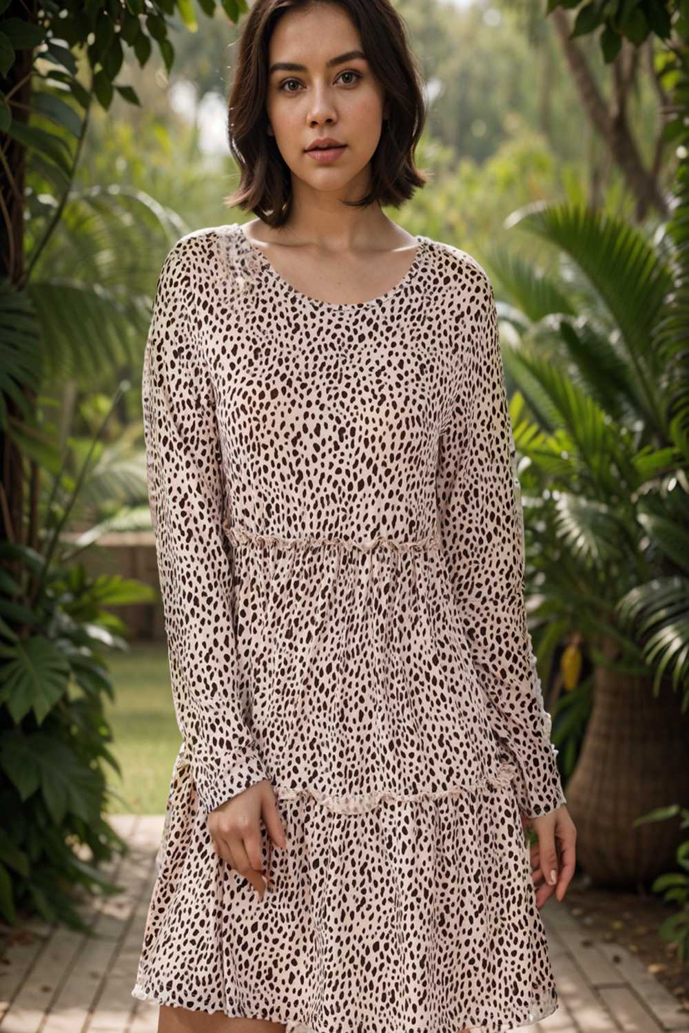 loose leopard print v neck dress drop shoulder a line closed cape paneled 127442