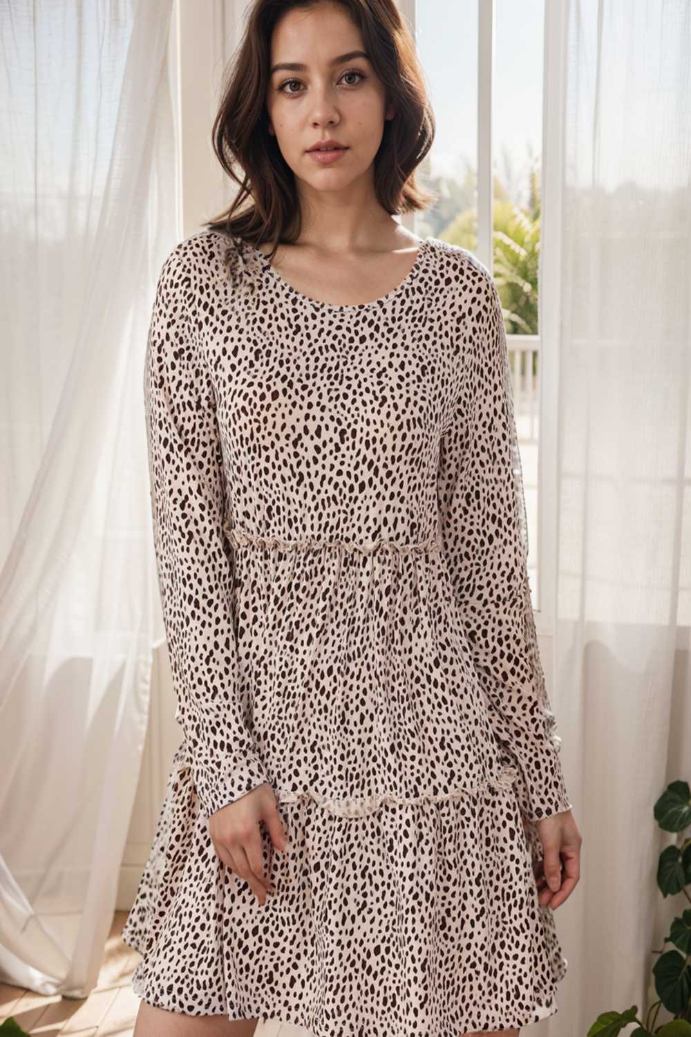 loose leopard print v neck dress drop shoulder a line closed cape paneled 115174