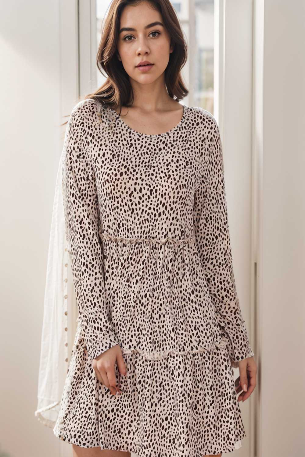 loose leopard print v neck dress drop shoulder a line closed cape paneled 127107