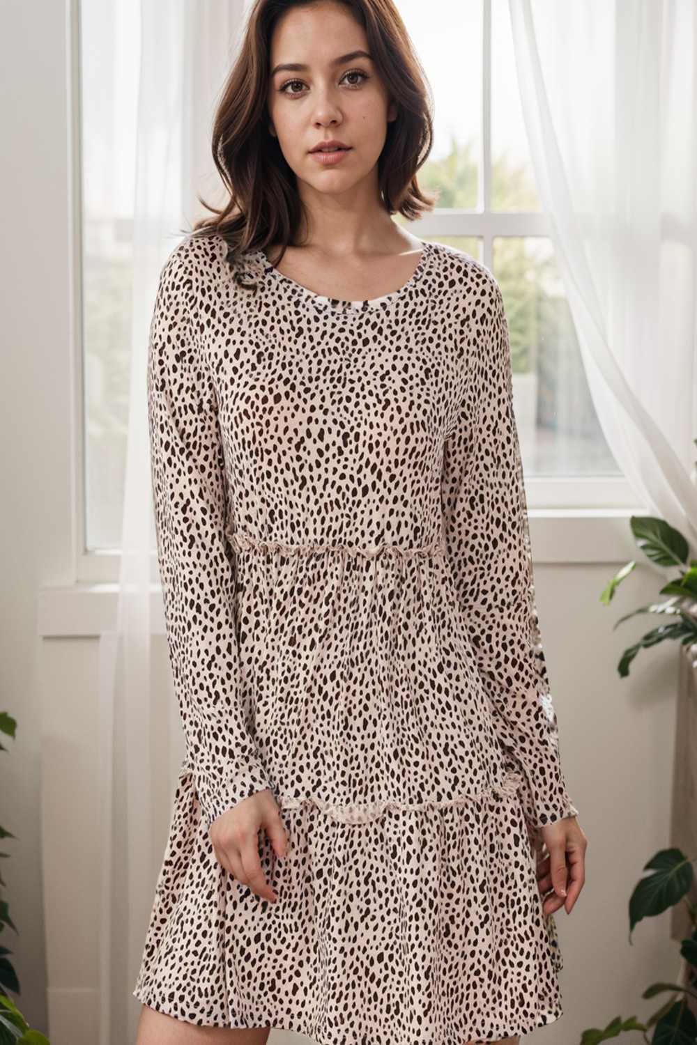 loose leopard print v neck dress drop shoulder a line closed cape paneled 133275