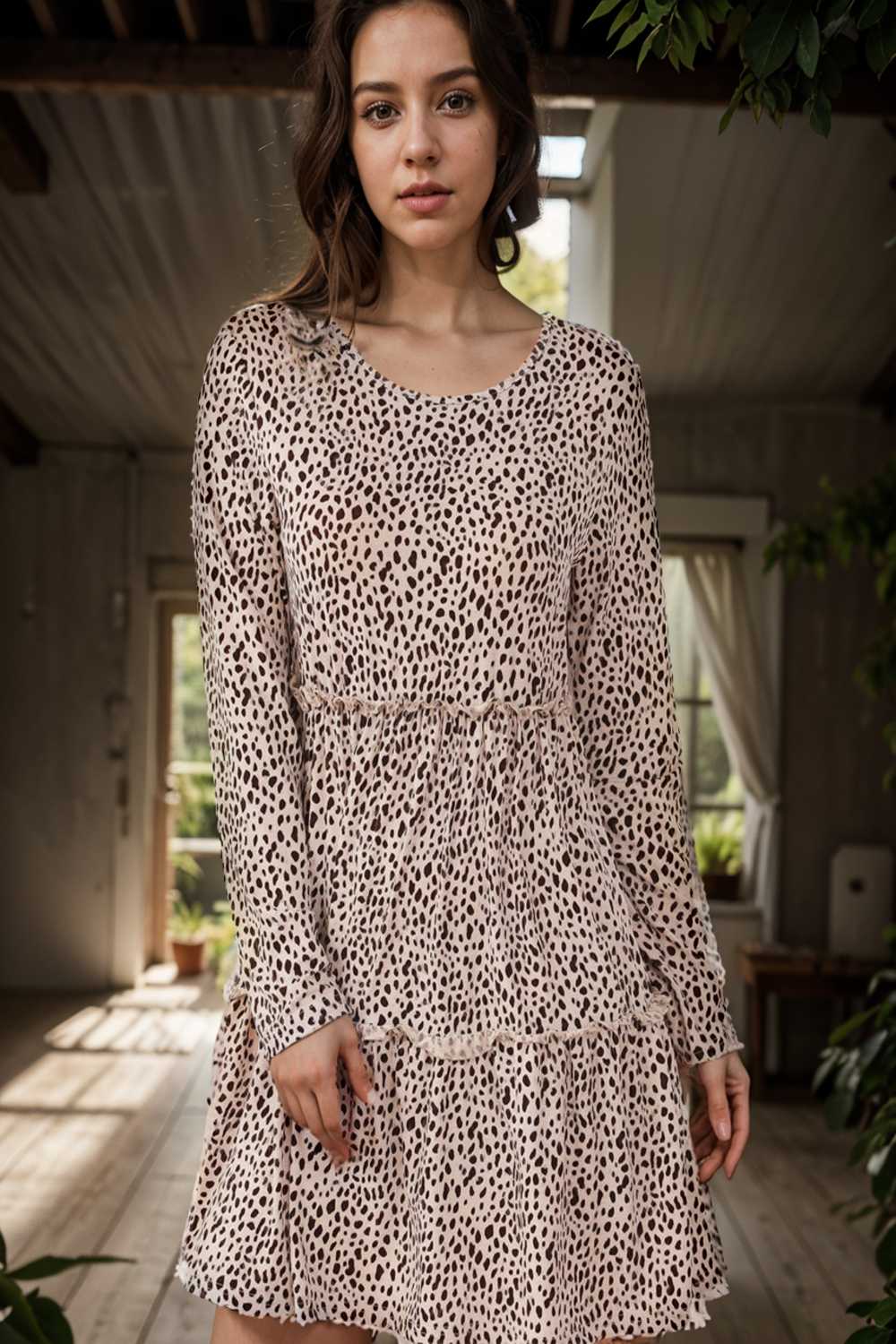 loose leopard print v neck dress drop shoulder a line closed cape paneled 111898