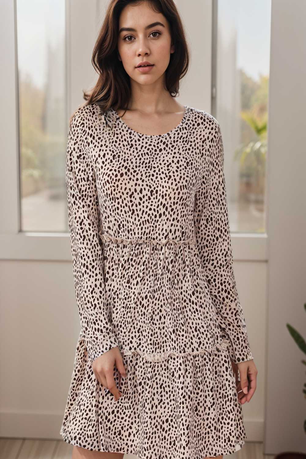 loose leopard print v neck dress drop shoulder a line closed cape paneled 127441