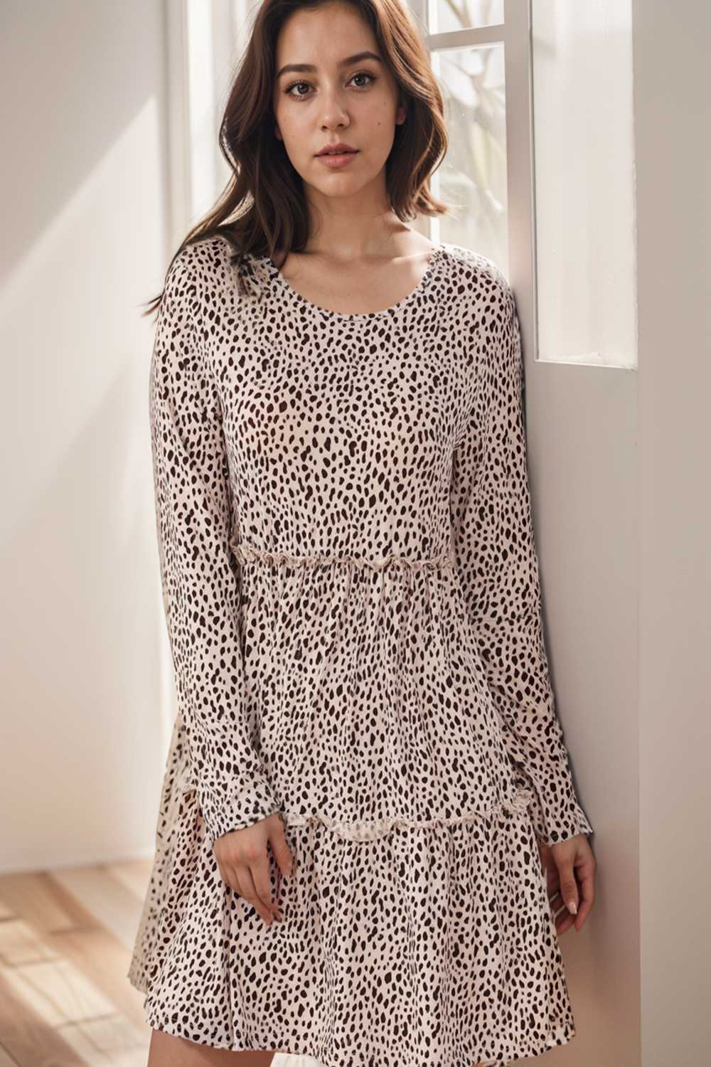 loose leopard print v neck dress drop shoulder a line closed cape paneled 115508