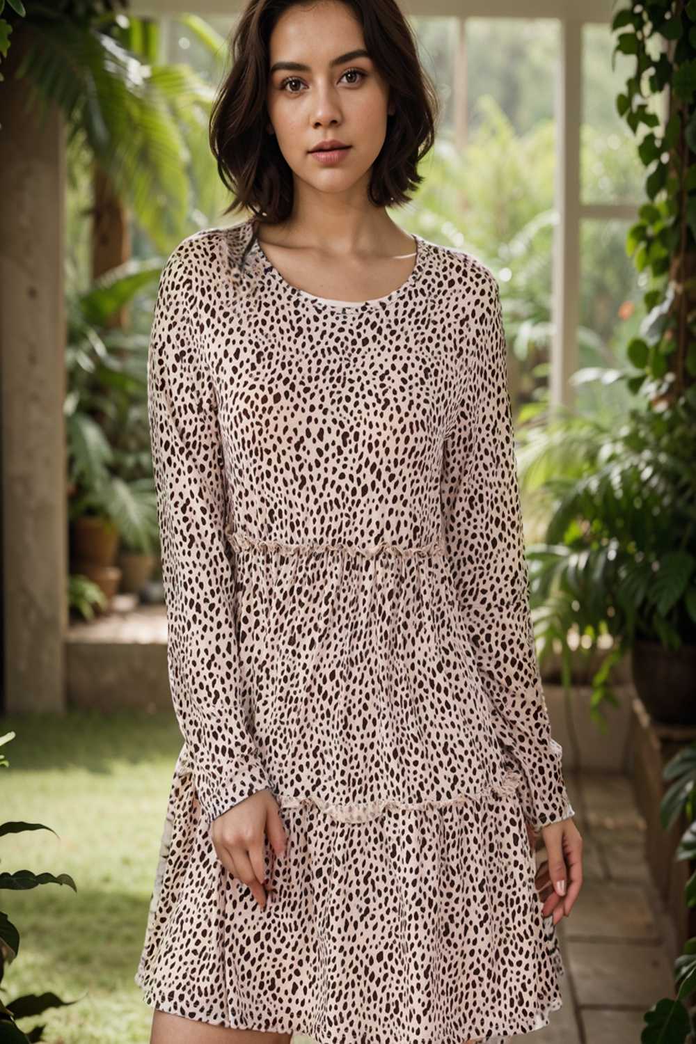 loose leopard print v neck dress drop shoulder a line closed cape paneled 127105
