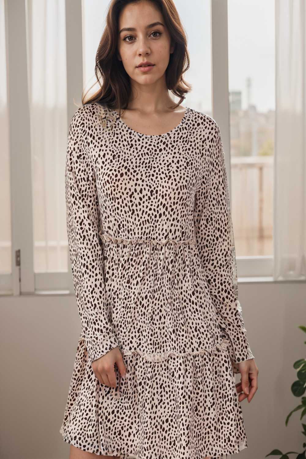 loose leopard print v neck dress drop shoulder a line closed cape paneled 115506