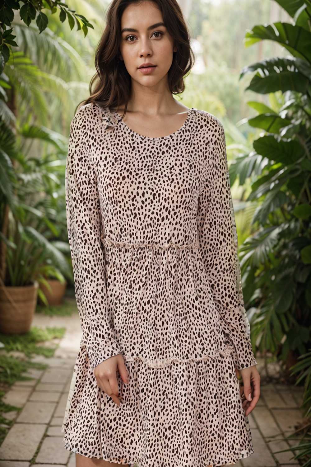 loose leopard print v neck dress drop shoulder a line closed cape paneled 127104