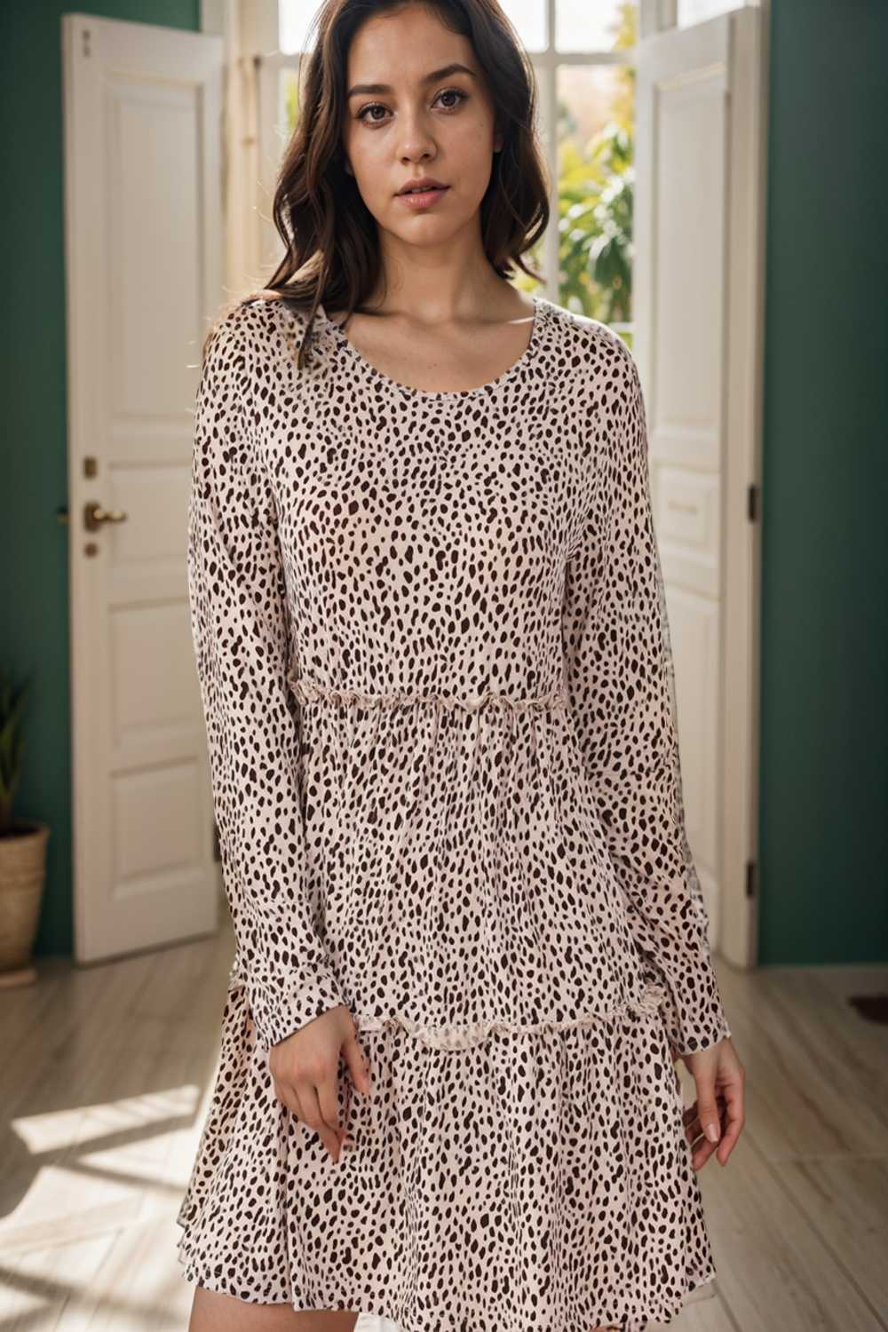 loose leopard print v neck dress drop shoulder a line closed cape paneled 117632