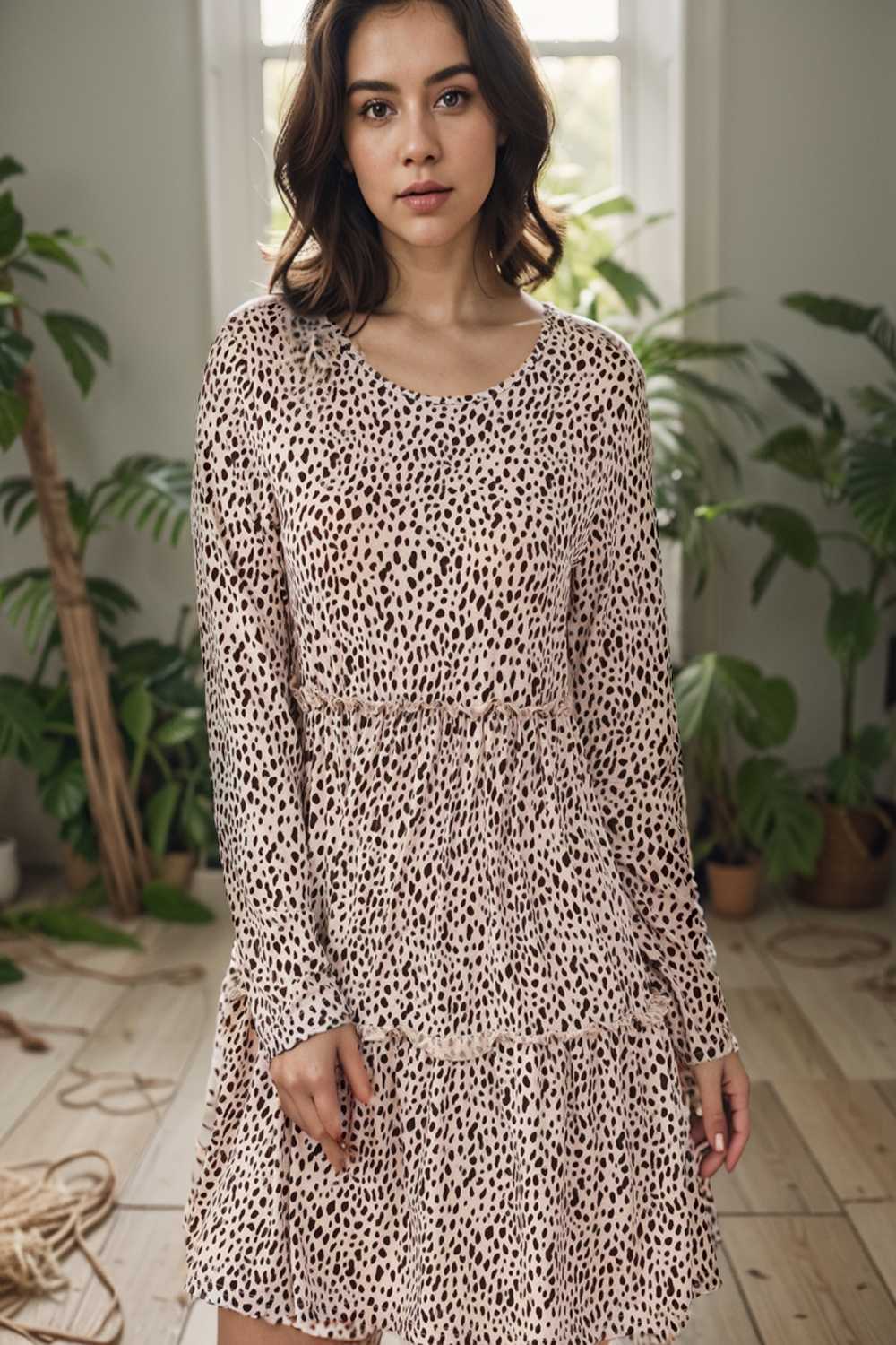 loose leopard print v neck dress drop shoulder a line closed cape paneled 124999