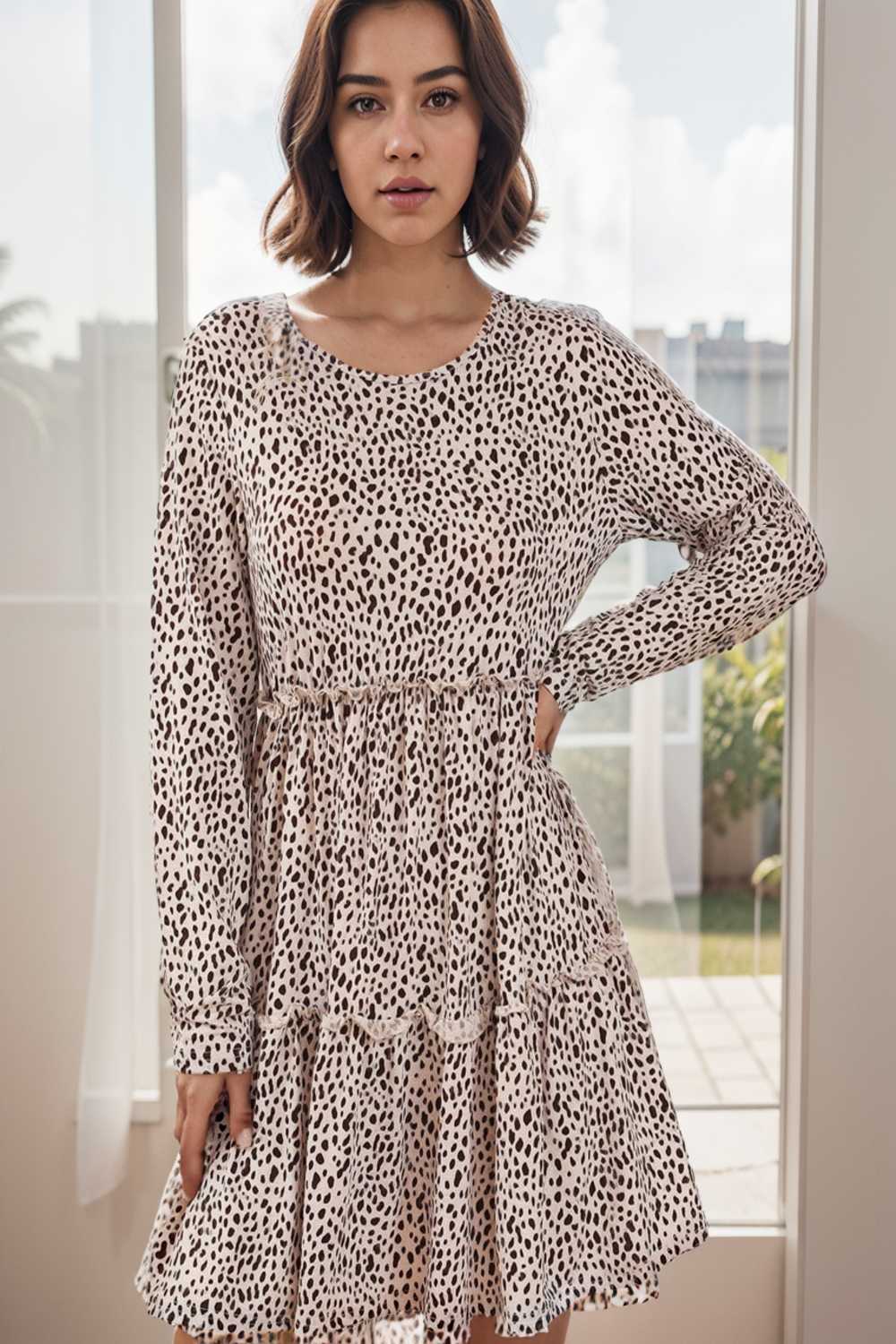 loose leopard print v neck dress drop shoulder a line closed cape paneled 135185