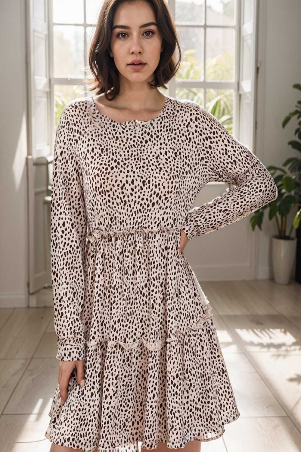 loose leopard print v neck dress drop shoulder a line closed cape paneled 124998