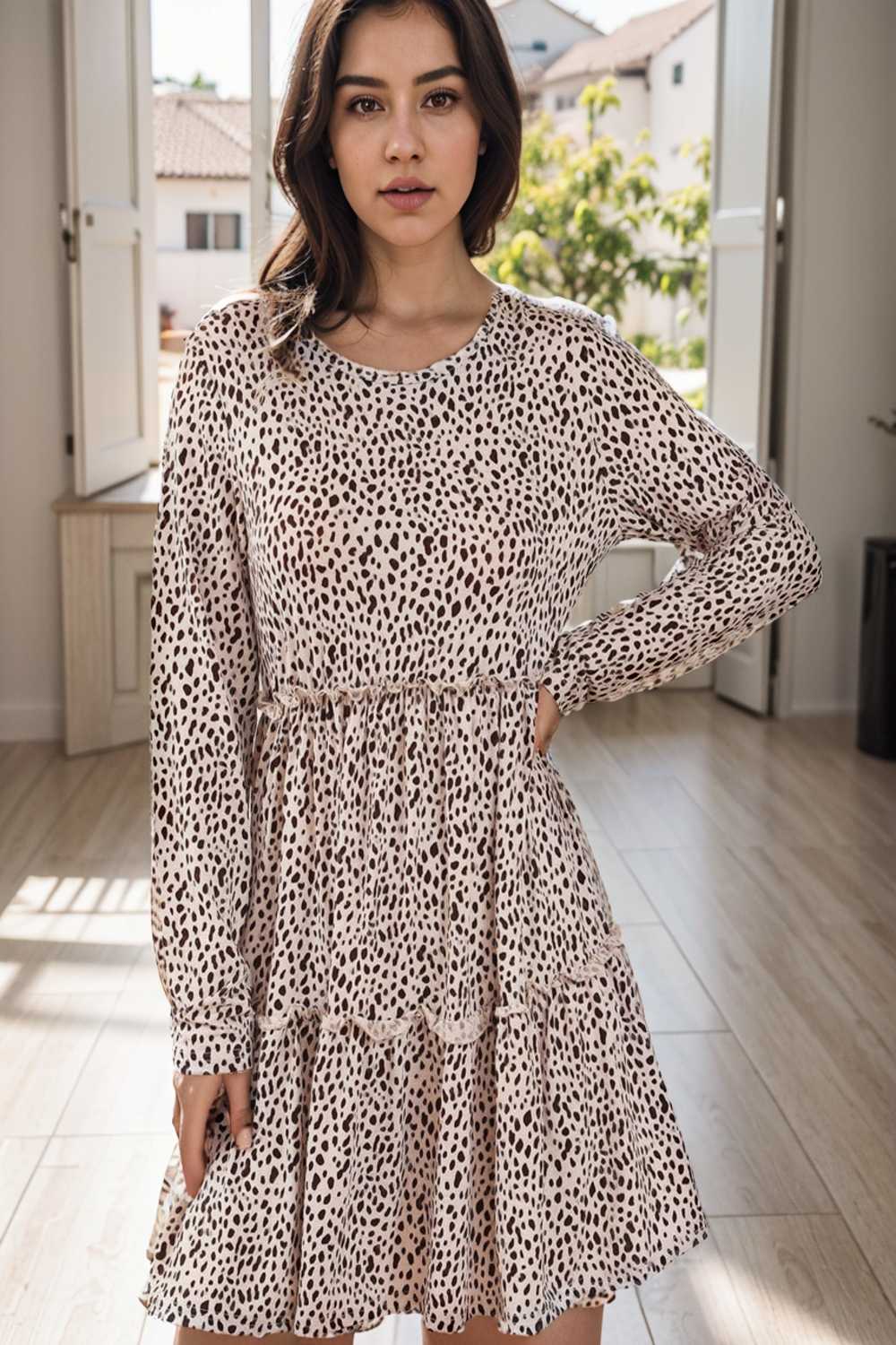 loose leopard print v neck dress drop shoulder a line closed cape paneled 126383