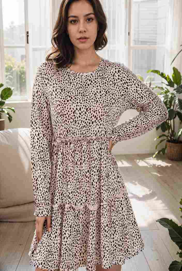 loose leopard print v neck dress drop shoulder a line closed cape paneled 131180
