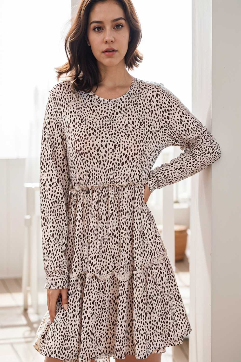 loose leopard print v neck dress drop shoulder a line closed cape paneled 111897