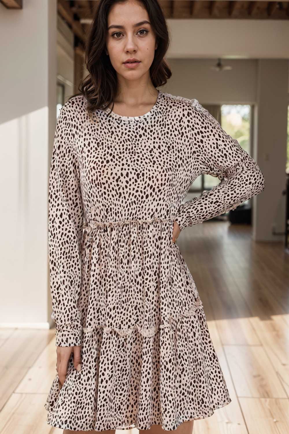 loose leopard print v neck dress drop shoulder a line closed cape paneled 130057