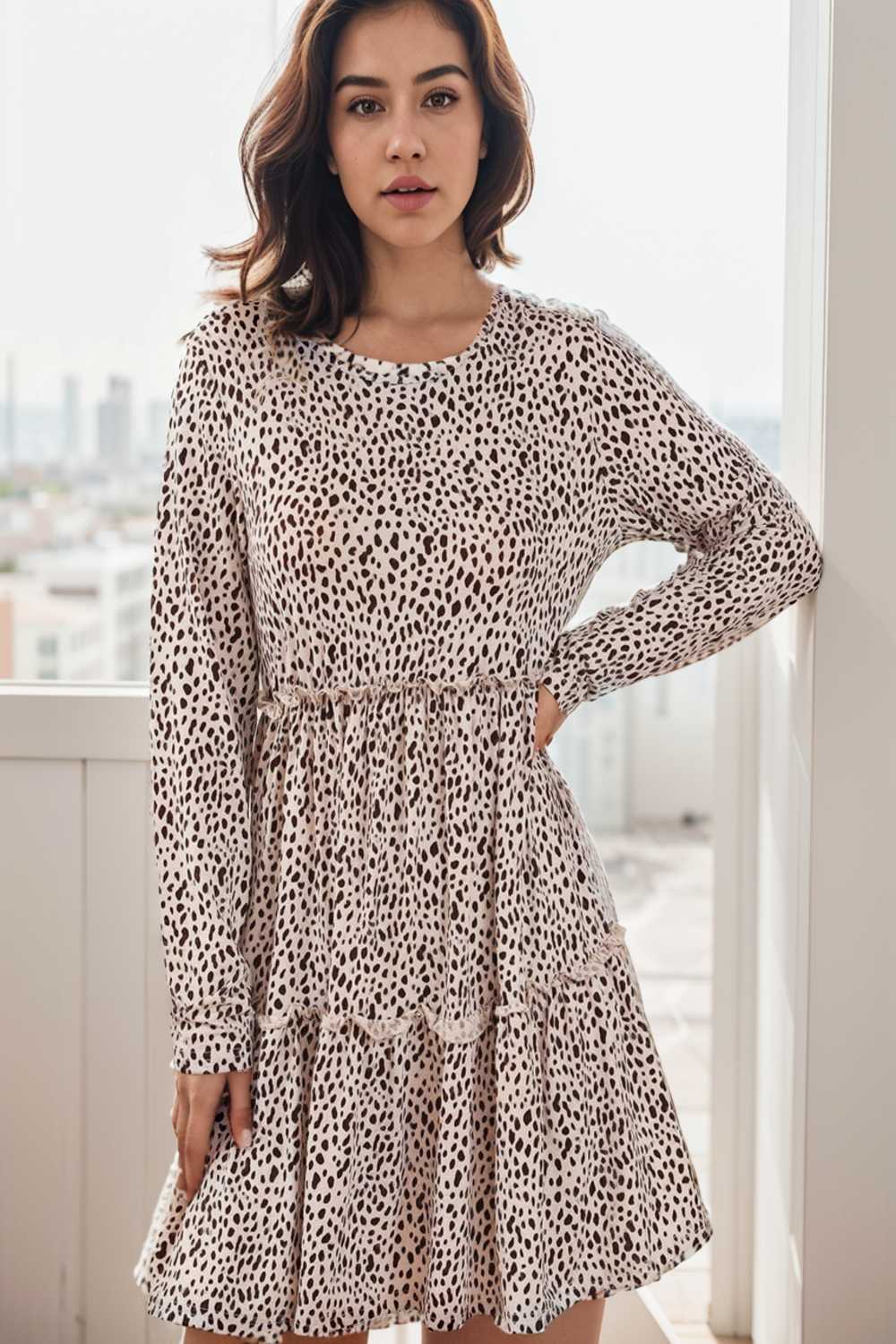loose leopard print v neck dress drop shoulder a line closed cape paneled 127440